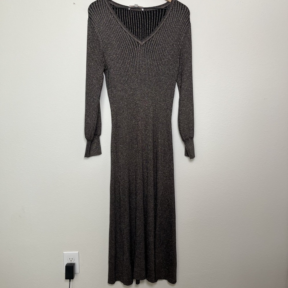 LOFT Women Sparkle Jersey Knit Maxi Dress XL Brown Rib Knit Holiday Party Stretc - Picture 2 of 12